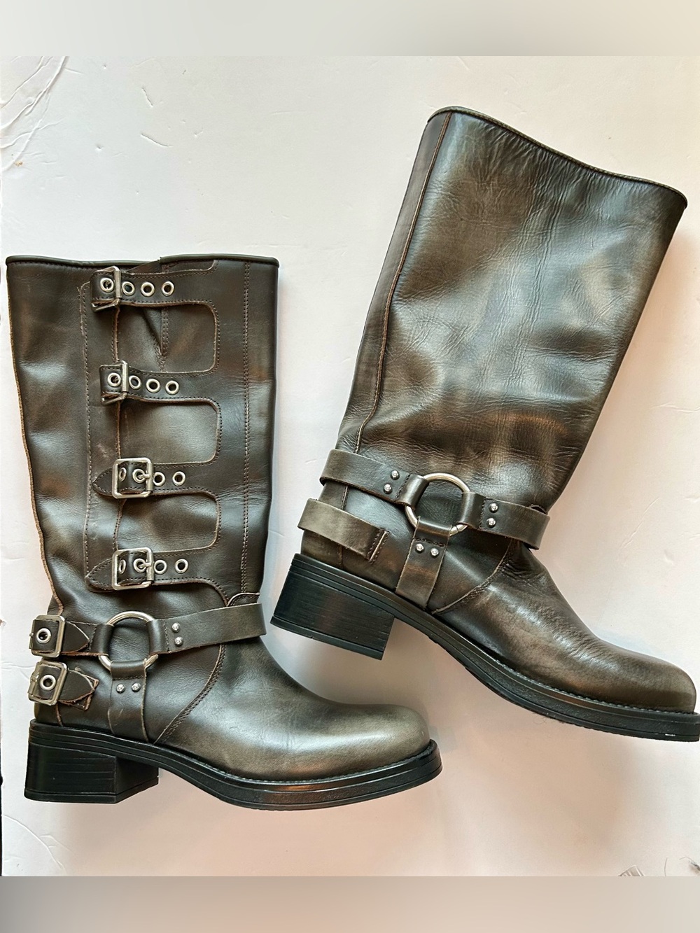 Beautiful Steve Madden Distressed Leather Buckle Lace-Up Mid-Calf Boots. NWOT